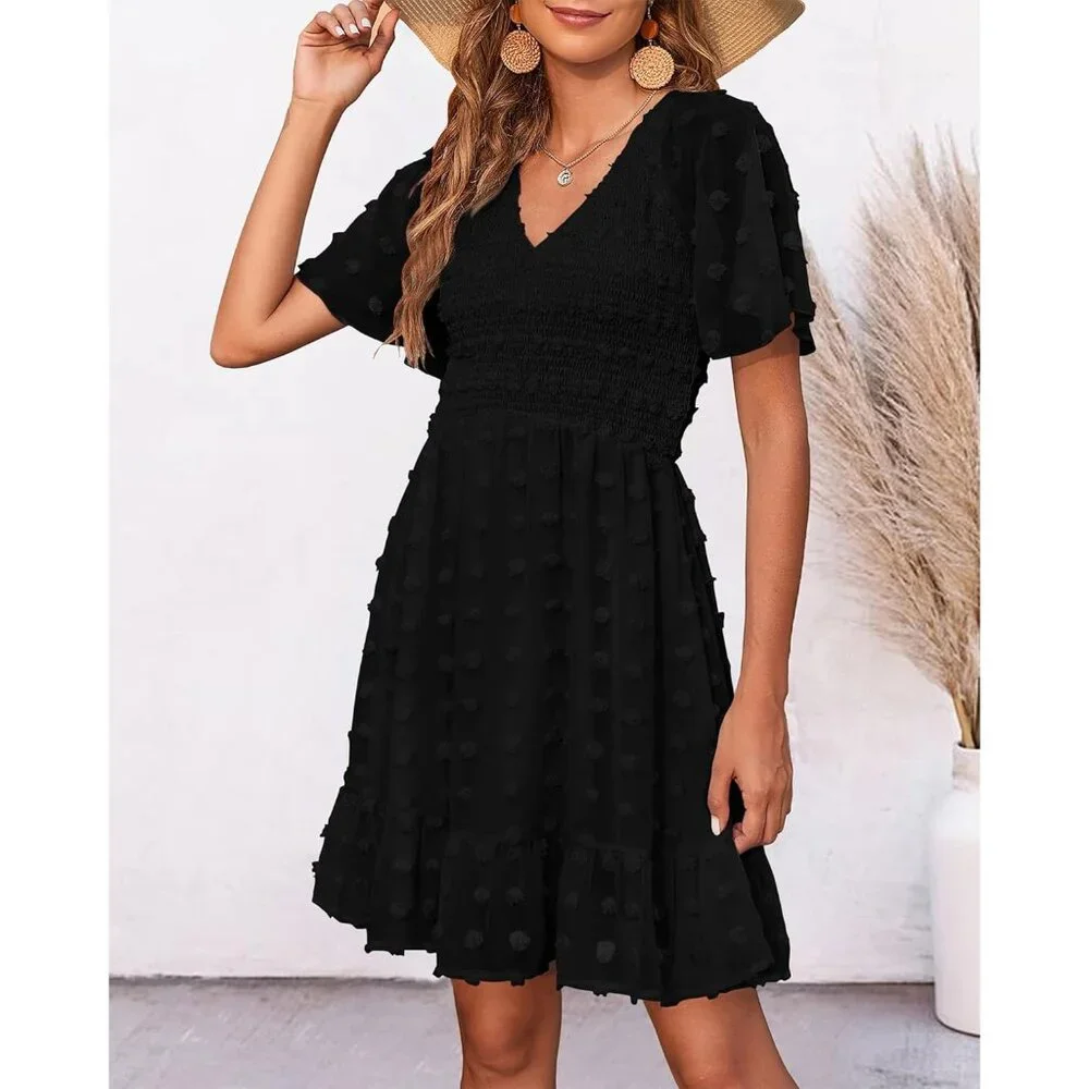 Women's Boho Summer Dress Polyester V Neck Flutter Short Sleeve Ruffled - Picture 2 of 8